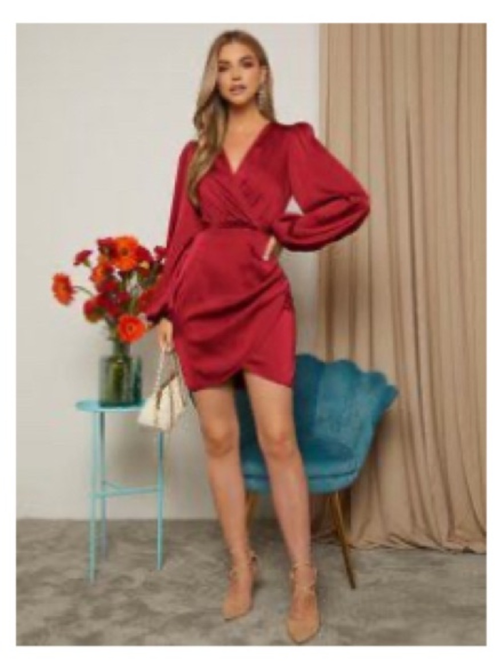 SHEIN Red Long-Sleeve Wrap Tulip Hem Mini Dress